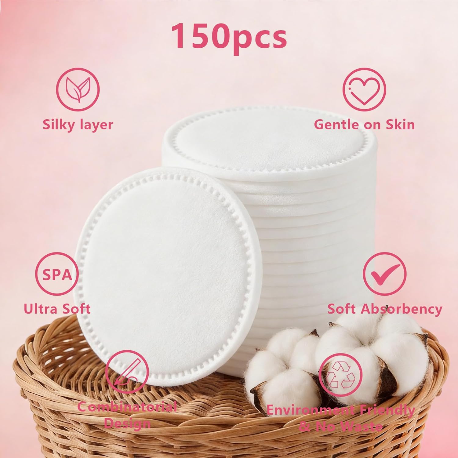 Cotton Rounds 150 Pcs Boxed Makeup Remover Pads, Hypoallergenic, Lint-Free | 100% Pure Cotton